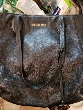 Michael Kors Black Pebbled Leather Tote with Gold Logo